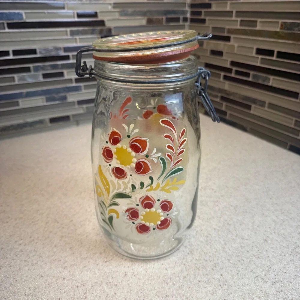 Vintage‎ 1982 Luppino Hand Painted Floral Glass Canister 1.5L Wire Bale Jar
